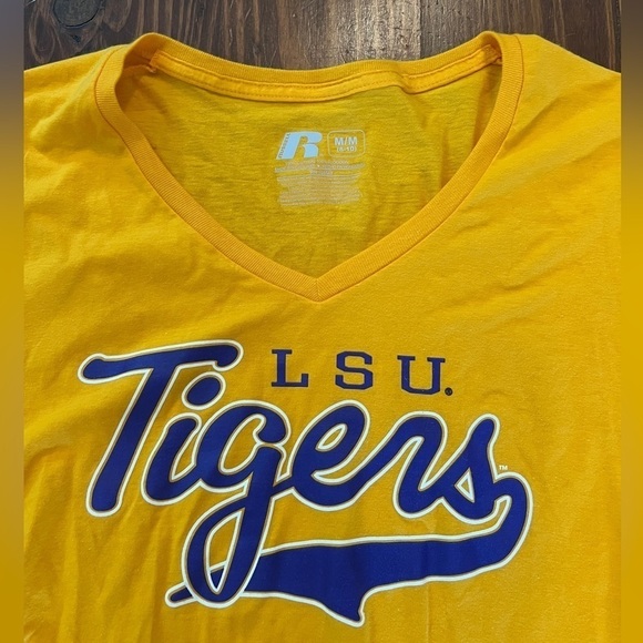 RUSSELL ATHLETIC Women’s LSU Tigers V-Neck Game Day Shirt Yellow Purple football - Picture 2 of 3